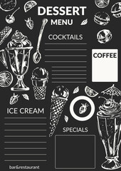Hand drawn sweet dessert chalk sketch background with ice cream, cocktail, milk shake, berry