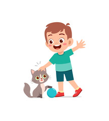 little boy playing together with cute cat