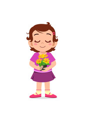 little girl holding flower and sniff the scent