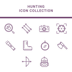 10 set collection icons hunting. there are axe, arrow, bow, compass and more