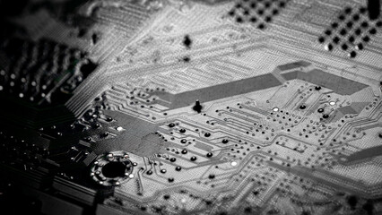 Macro Close up of printed wiring on PC circuit board..