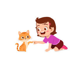 little girl playing together with cute cat