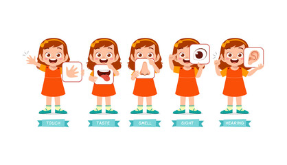 little girl holding card about 5 sensory organ