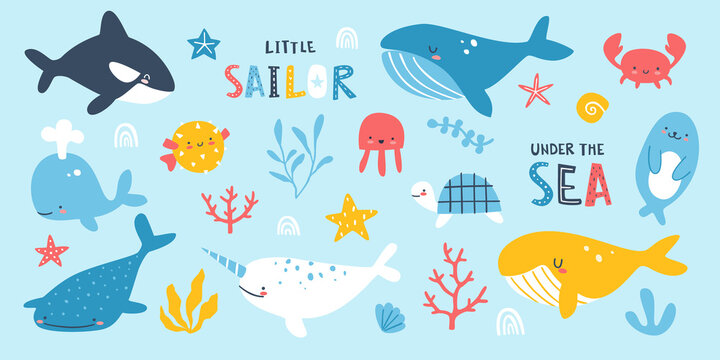 Bundle of sea animals and plants. Cute marine set with lettering. Underwater vector collection.