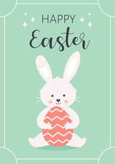 Obraz na płótnie Canvas Happy Easter greeting card with Easter bunny and painted egg. Hand drawn vector illustration