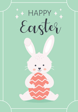 Happy Easter greeting card with Easter bunny and painted egg. Hand drawn vector illustration