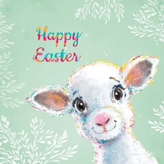 Happy Easter. Greeting cards or posters with lamb. Cute lamb poster template. Spring colours.