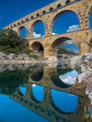 The magnificent Pont du Gard, an ancient Roman aqueduct bridge, Vers-Pont-du-Gard in southern France. Built in the first century AD to carry water to the Roman colony of Nemausus (Nîmes)