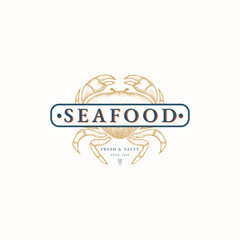 Crab engraving seafood logo icon design template flat vector illustration