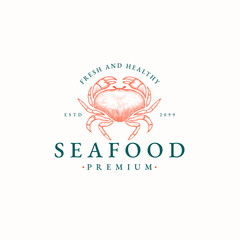Crab engraving seafood logo icon design template flat vector illustration