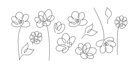 Continuous one line drawing flower set. Minimalist Prints Set. Abstract hand drawn flowers by one line. Minimalist black white line sketch. Fashionable trend vector illustration. Set Of Plants.