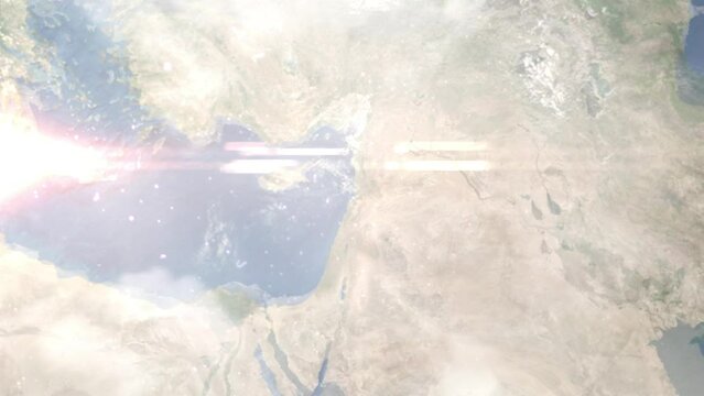 Earth zoom in from outer space to city. Zooming on Tripoli, Lebanon. The animation continues by zoom out through clouds and atmosphere into space. Images from NASA
