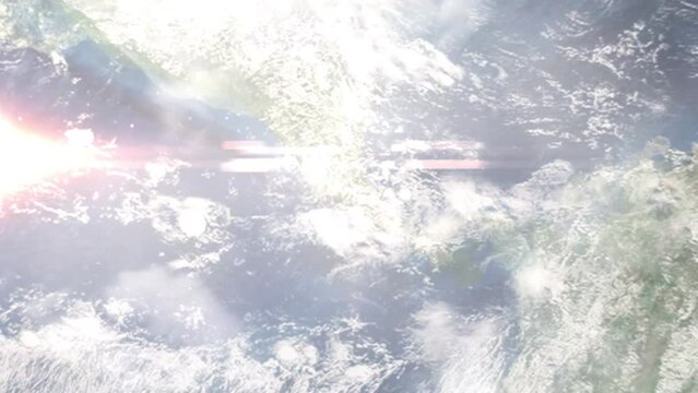 Earth zoom in from outer space to city. Zooming on Alajuela, Costa Rica. The animation continues by zoom out through clouds and atmosphere into space. Images from NASA