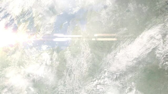 Earth zoom in from outer space to city. Zooming on Kaunas, Lithuania. The animation continues by zoom out through clouds and atmosphere into space. Images from NASA