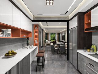 Obraz premium 3D rendering,Modern family kitchen design, new cabinets and kitchenware with refrigerators, sunlight from the window.
