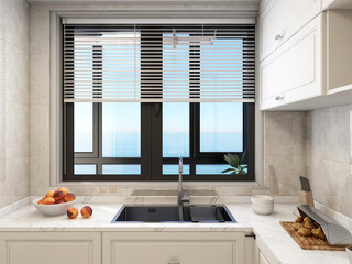 3D rendering,Modern family kitchen design, new cabinets and kitchenware with refrigerators, sunlight from the window.