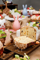 Easter table orthodox sweet bread, kulich with chocolate eggs and rabbit. Variety pastries for holiday