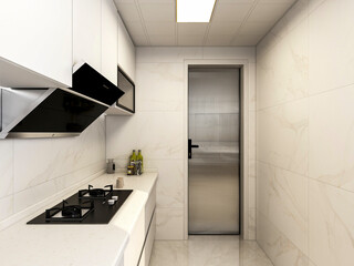 3D rendering,Modern family kitchen design, new cabinets and kitchenware with refrigerators, sunlight from the window.