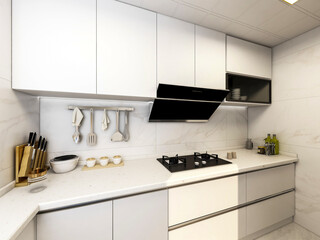 3D rendering,Modern family kitchen design, new cabinets and kitchenware with refrigerators, sunlight from the window.