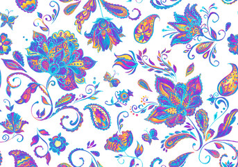 Paisley watercolor floral pattern tile with flowers, flores, tulips, leaves. Oriental traditional hand painted water color whimsical seamless print isolated on white. Abstract indian batik background