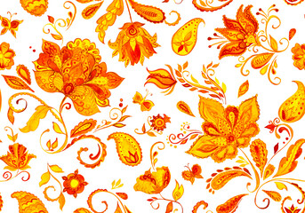 Paisley watercolor floral pattern tile with flowers, flores, tulips, leaves. Oriental traditional hand painted water color whimsical seamless print isolated on white. Abstract indian batik background