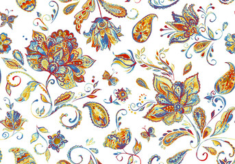 Paisley watercolor floral pattern tile with flowers, flores, tulips, leaves. Oriental traditional hand painted water color whimsical seamless print isolated on white. Abstract indian batik background