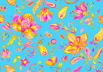 Paisley watercolor floral pattern tile with flowers, flores, tulips, leaves. Oriental traditional hand painted water color whimsical seamless print isolated on white. Abstract indian batik background