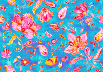 Paisley watercolor floral pattern tile with flowers, flores, tulips, leaves. Oriental traditional hand painted water color whimsical seamless print isolated on white. Abstract indian batik background