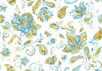 Obraz premium Paisley watercolor floral pattern tile with flowers, flores, tulips, leaves. Oriental traditional hand painted water color whimsical seamless print isolated on white. Abstract indian batik background