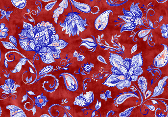 Paisley watercolor floral pattern tile with flowers, flores, tulips, leaves. Oriental traditional hand painted water color whimsical seamless print isolated on white. Abstract indian batik background