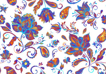 Paisley watercolor floral pattern tile with flowers, flores, tulips, leaves. Oriental traditional hand painted water color whimsical seamless print isolated on white. Abstract indian batik background