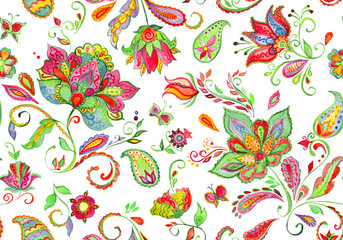 Paisley watercolor floral pattern tile with flowers, flores, tulips, leaves. Oriental traditional hand painted water color whimsical seamless print isolated on white. Abstract indian batik background