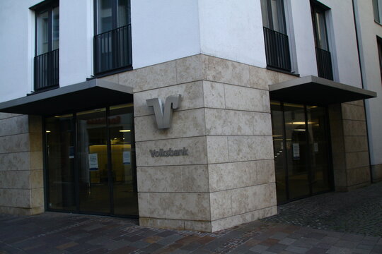 paderborn, north rhine westphalia, germany, 18 november 2020, entrance to the volksbank in paderborn,