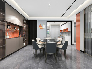 3D rendering, spacious dining room design next to the modern kitchen, with a beautiful dining table and greenery