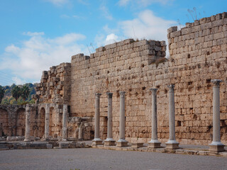 Fototapeta premium Ruins of Hellenic city gates of ancient Greek city Perge Perga once capital of Pamphylia with marble columns in Antalya Turkey