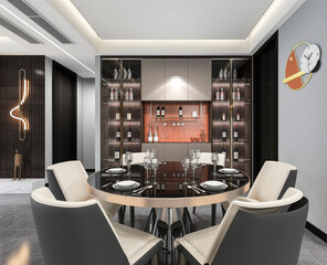 3D rendering, spacious dining room design next to the modern kitchen, with a beautiful dining table and greenery