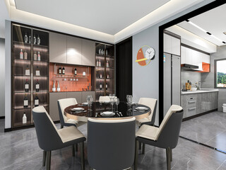 3D rendering, spacious dining room design next to the modern kitchen, with a beautiful dining table and greenery