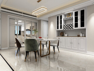 3D rendering, spacious dining room design next to the modern kitchen, with a beautiful dining table and greenery