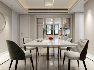 3D rendering, spacious dining room design next to the modern kitchen, with a beautiful dining table and greenery