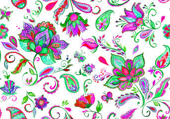 Paisley watercolor floral pattern tile with flowers, flores, tulips, leaves. Oriental traditional hand painted water color whimsical seamless print isolated on white. Abstract indian batik background
