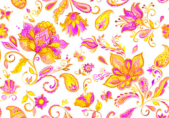 Paisley watercolor floral pattern tile with flowers, flores, tulips, leaves. Oriental traditional hand painted water color whimsical seamless print isolated on white. Abstract indian batik background