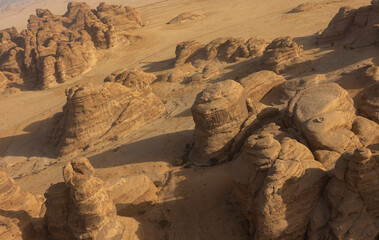 Aerial views of desert outcrops around the oasis of Al Ula in the north west region of Saudi Arabia