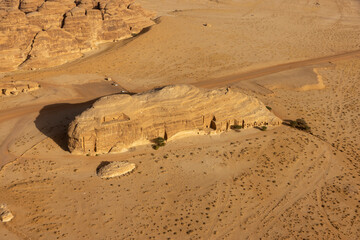 Aerial view of the Tomb of Jabal Al Ahmar at Mada'in Saleh in Al Ula, north west Saudi Arabia