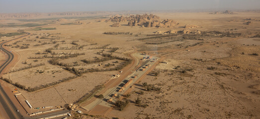 Aerial view of the Ottoman Hejaz railway station near Mada'in Saleh in Al Ula, north west Saudi Arabia.  - obrazy, fototapety, plakaty