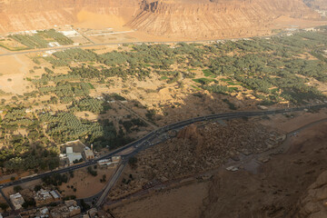 Aerial views of the old town mud hut village in the desert oasis of Al Ula in the north west region of Saudi Arabia