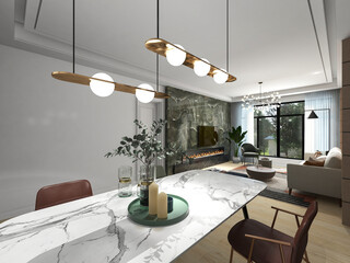 3D rendering, spacious dining room design next to the modern kitchen, with a beautiful dining table and greenery