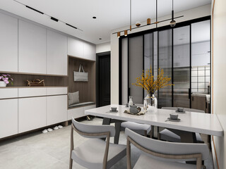 3D rendering, spacious dining room design next to the modern kitchen, with a beautiful dining table and greenery