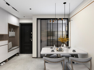 3D rendering, spacious dining room design next to the modern kitchen, with a beautiful dining table and greenery