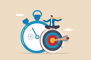 Self discipline, professional to finish work or achieve goal before deadline, time management, productivity to reach target in timely manner concept, calm businessman meditate on target and stopwatch.