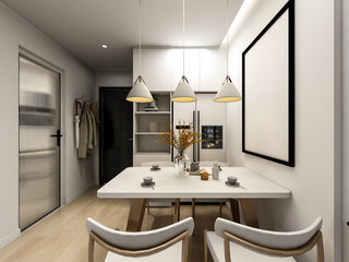 3D rendering, spacious dining room design next to the modern kitchen, with a beautiful dining table and greenery